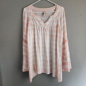 XCVI Tie Dye Blouse Womens M Peach Boho Tunic Bell Sleeve Rayon Stretch Festival